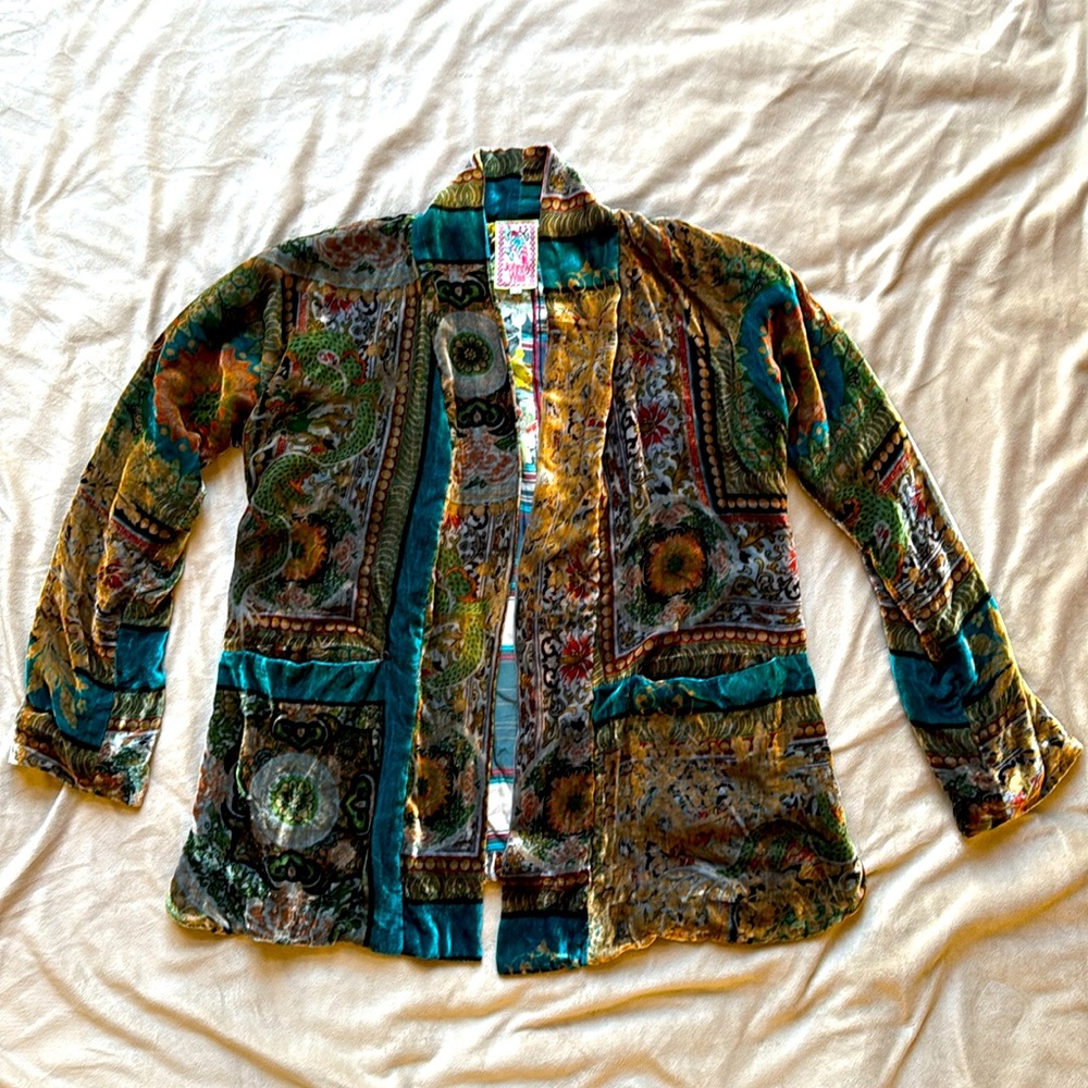 Johnny Was Dragonia Velvet Silk Floral Boho Patchwork Kimono Jacket Women’s XS